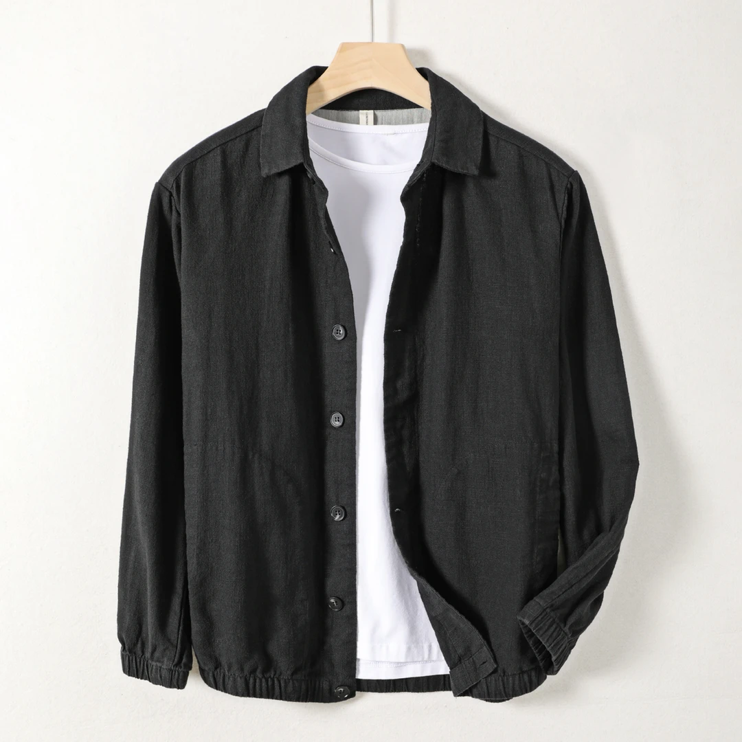 秋季男士棉麻夹克外套衬衫纯色潮流简约复古宽松百搭休闲棒球服男