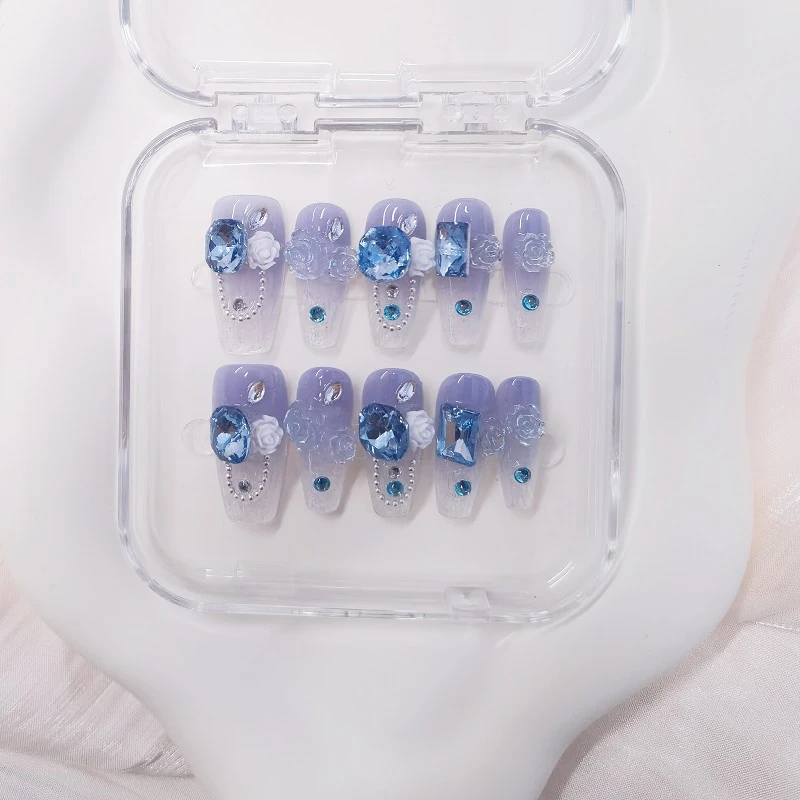 【Molly】手工穿戴甲长梯猫眼冰蓝琉璃穿戴甲贴片显白高贵