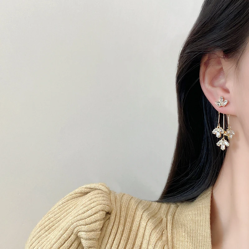 韩式超仙叶子镶钻流苏耳环夸张时尚轻奢耳饰精致优雅法式简约温柔