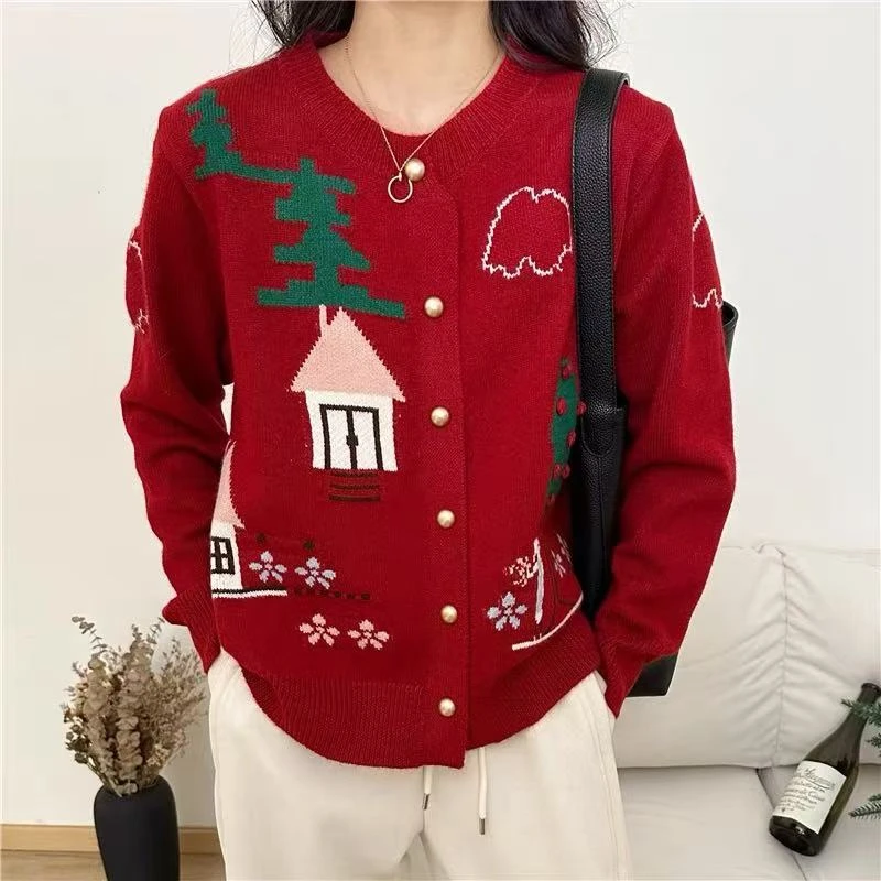 新款红色彩色温馨童年回忆提花圆领单排扣针织开衫外套女毛衣