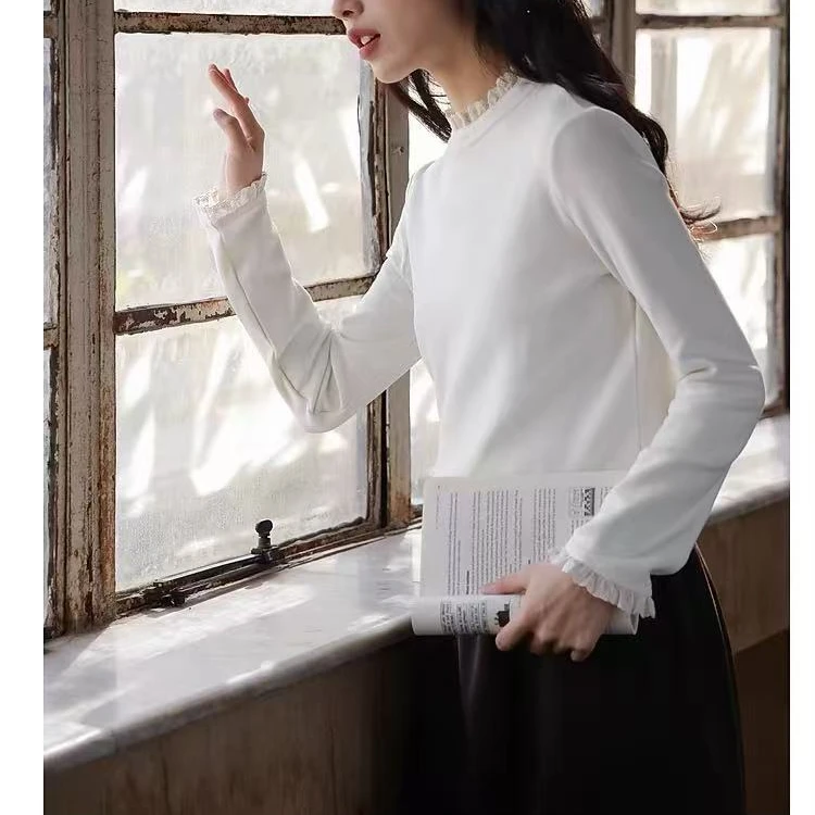 半高领德绒长袖T恤打底衫2025春季蕾丝花边澳绒上衣女保暖套头