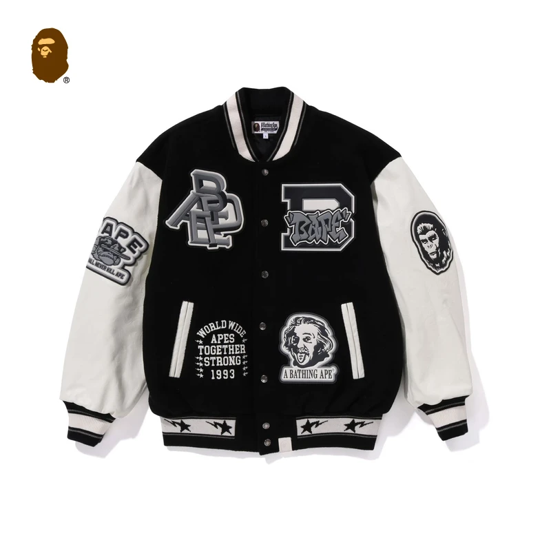 BAPE男装23秋冬猿人字母多图案毛呢拼皮棒球外套141051L