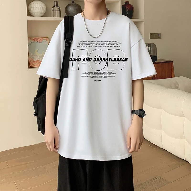 男装落肩款纯棉T恤2024新款夏季字母印花男款美式休闲潮牌A93