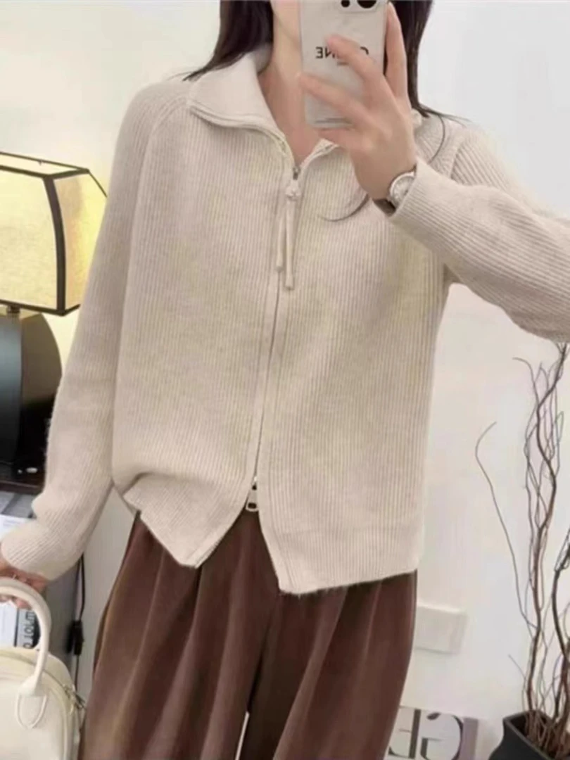 【公主屋】双拉链纯色翻领针织衫7936