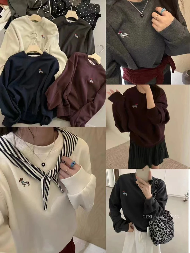 【公主屋】刺绣小马宽松加厚圆领短款卫衣9051