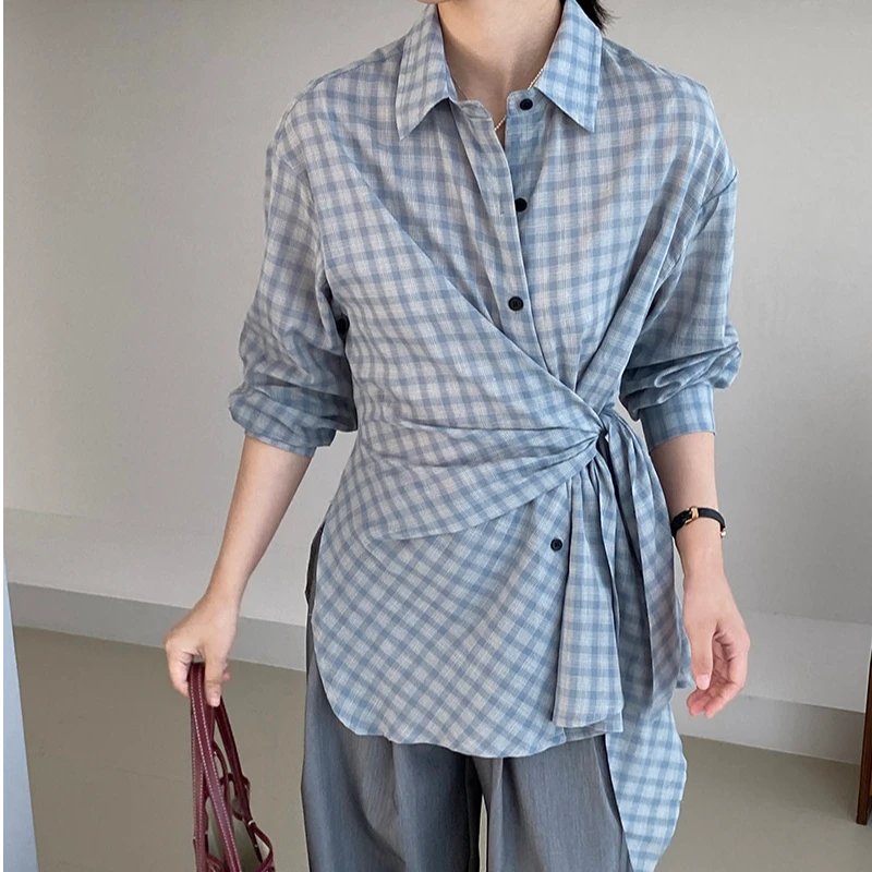 设计感小众清冷韩代纯棉收腰系带开衫显瘦蓝格衬衫女开叉格子上衣