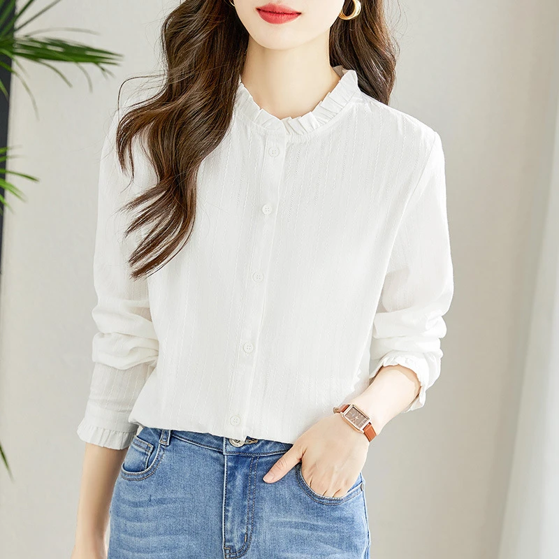 纯棉显瘦气质木耳领内搭白衬衫女长袖2025新款上衣衬衣韩版百搭