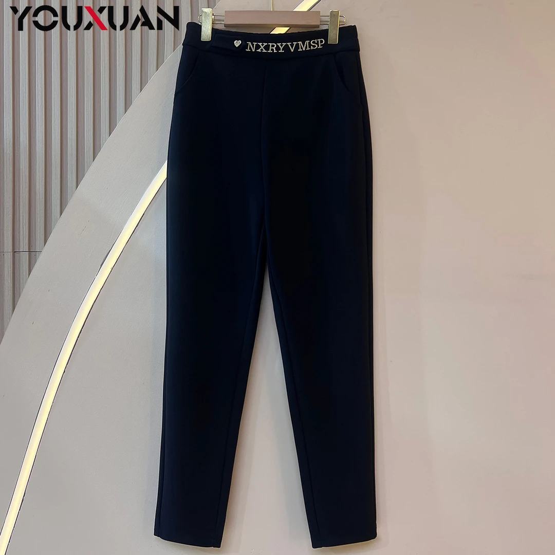 【拉绒】秋冬新款时尚显瘦百搭弹力高腰裤子女士休闲气质长裤6086