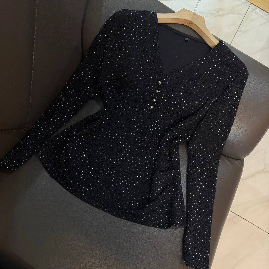 【星空】秋冬百搭韩版上衣时尚休闲宽松长袖V领女士打底衫78113-1