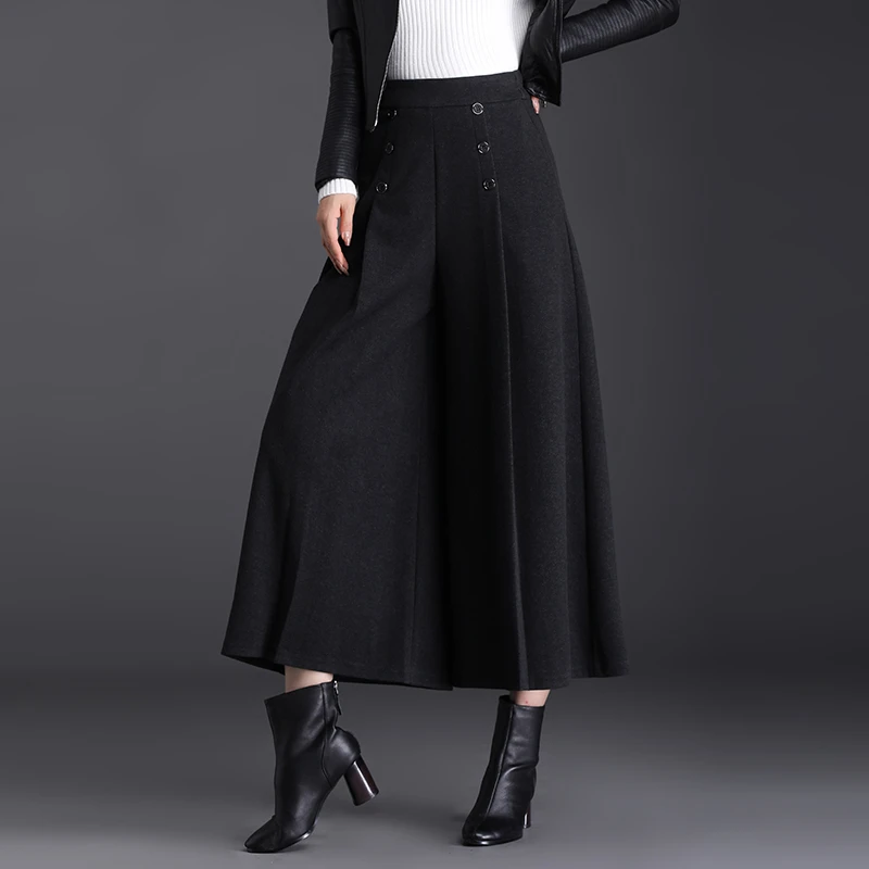 毛呢阔腿裤女2023春秋新款大码宽松松紧高腰垂感裙裤时尚休闲裤裙