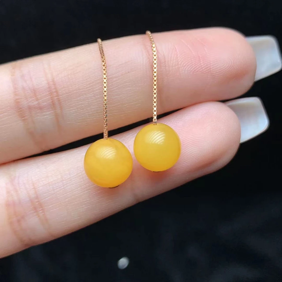 JF193 蜜蜡圆珠S925银镶耳线【尺寸8mm】