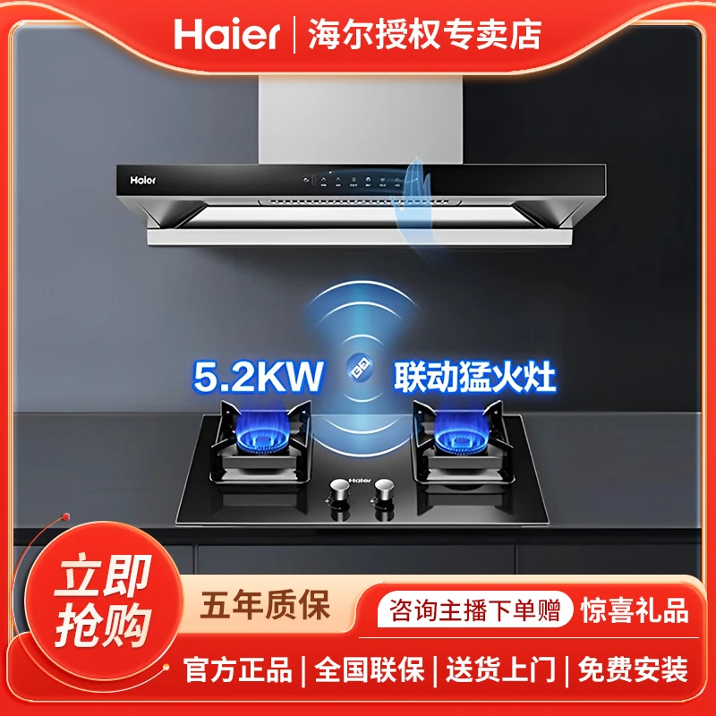海尔2024新欧式26立方大吸力烟机+烟灶联动猛火高颜值套装