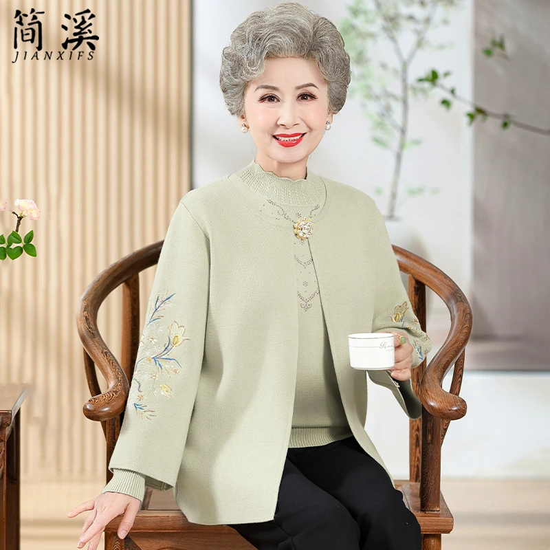 简溪老年人秋装女奶奶针织外套中老年妈妈国风绣花秋冬季洋气毛衣