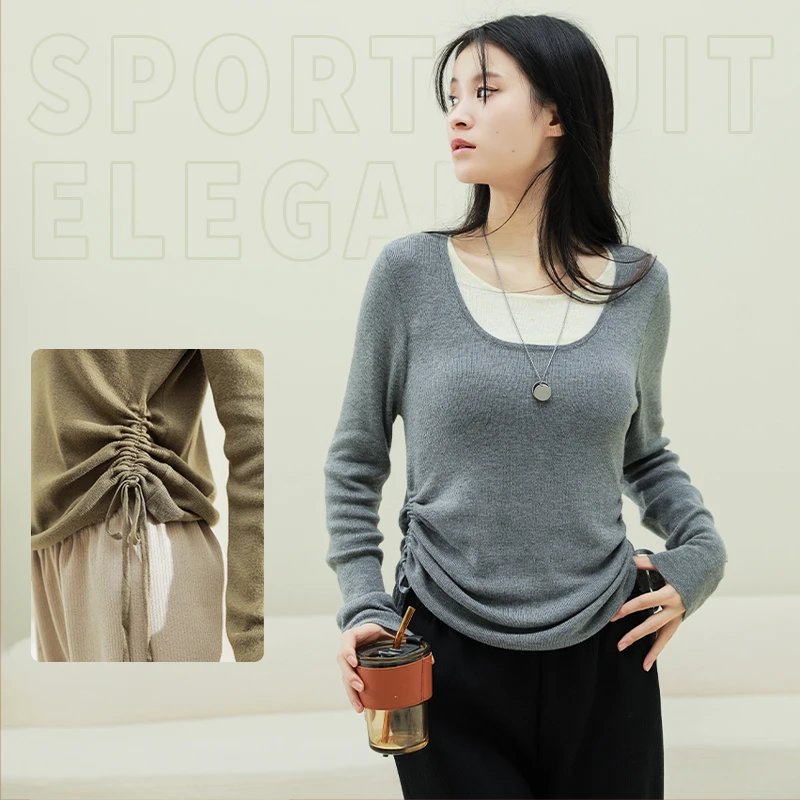 SHOWDAY/秀黛圆领假两件长袖打底衫显瘦抽绳针织衫1621/H4661312T