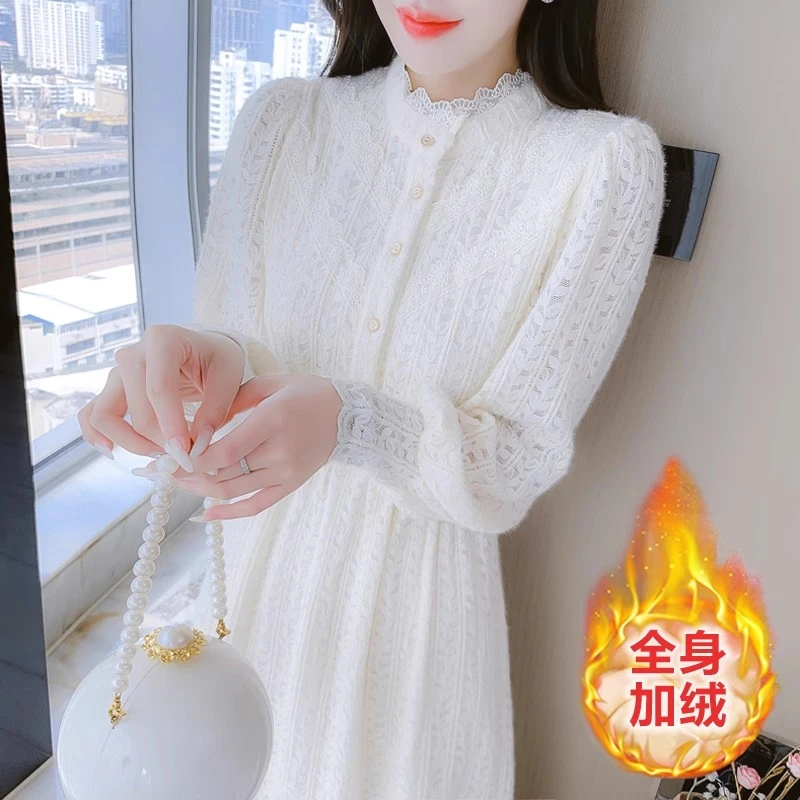 法式小香风加厚加绒连衣裙女装秋冬新款收腰气质高档内搭打底长裙