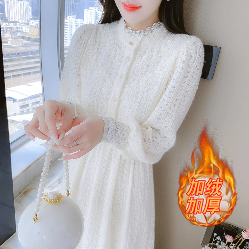 加绒加厚女装连衣裙小个子女装秋冬季新款温柔风长袖打底裙配大衣