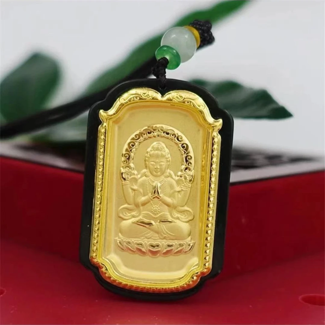 黄金真金足金镶嵌和田玉莲花观音男士吊坠赠高货配绳