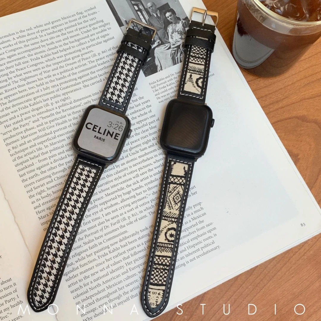 ins小香风帆布千鸟格真皮适用Apple苹果iwatch8代7654321SE手表带