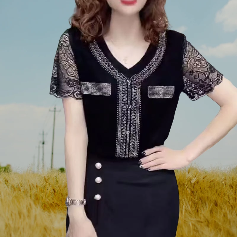 2025欧货夏季高档蕾丝时尚拼接短袖洋气烫钻显瘦小衫H0189