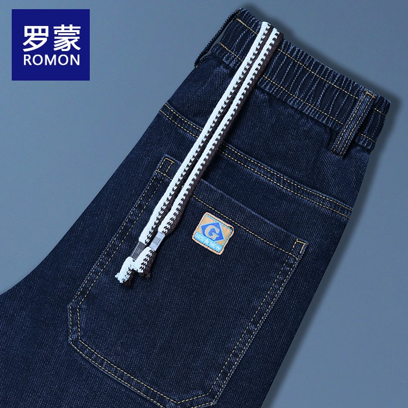 罗蒙秋季厚款牛仔裤男士弹力松紧腰宽松直筒裤子加绒秋冬休闲男裤