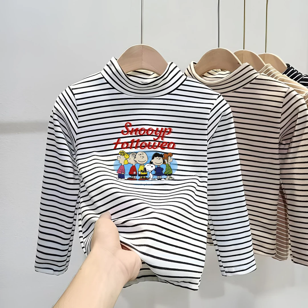 男女童条纹长袖T恤秋冬加绒加厚儿童打底衫磨毛内搭保暖高领上衣