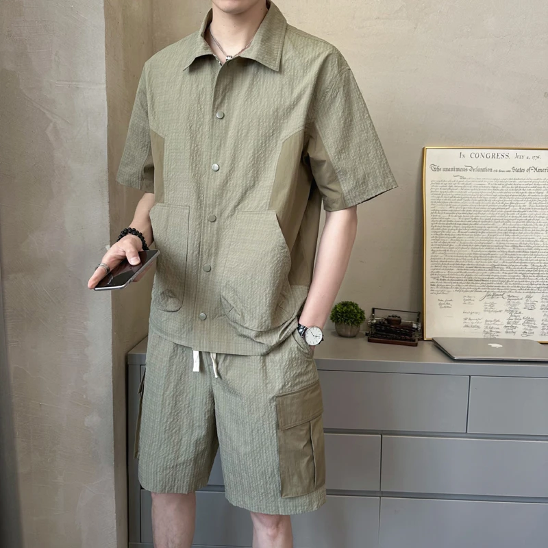 垂感拼接冰丝衬衫男士工装两件套2024夏季新款宽松短裤短袖套装男