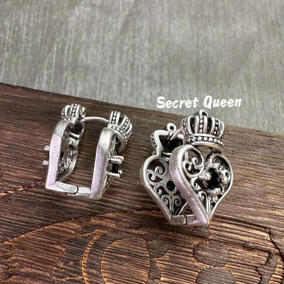 铜合金耳饰 小众设计王冠爱心十字架耳扣炭灰黑锆耳钉做旧复古