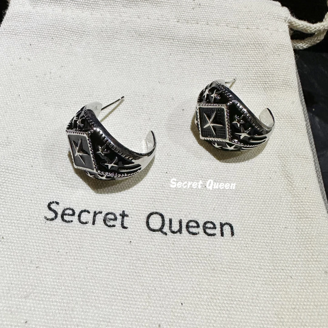 铜合金耳饰 小众设计珐琅黑油五角星耳环H021