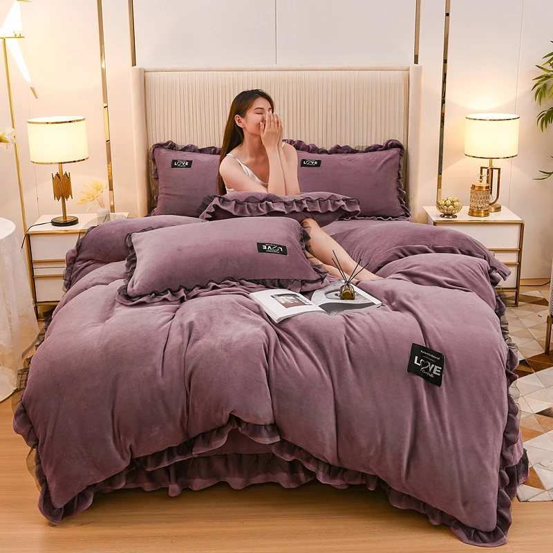 慧乾韩版高档牛奶绒四件套加厚蕾丝花边牛奶绒被套床单