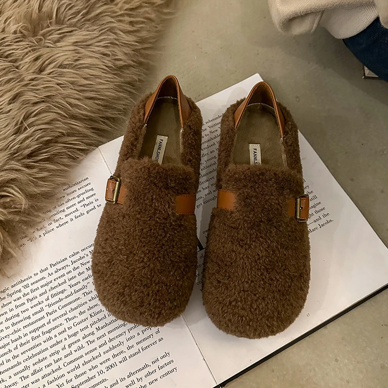 线下499！软绵绵仙女风皮带扣毛绒一脚蹬两穿豆豆鞋A568