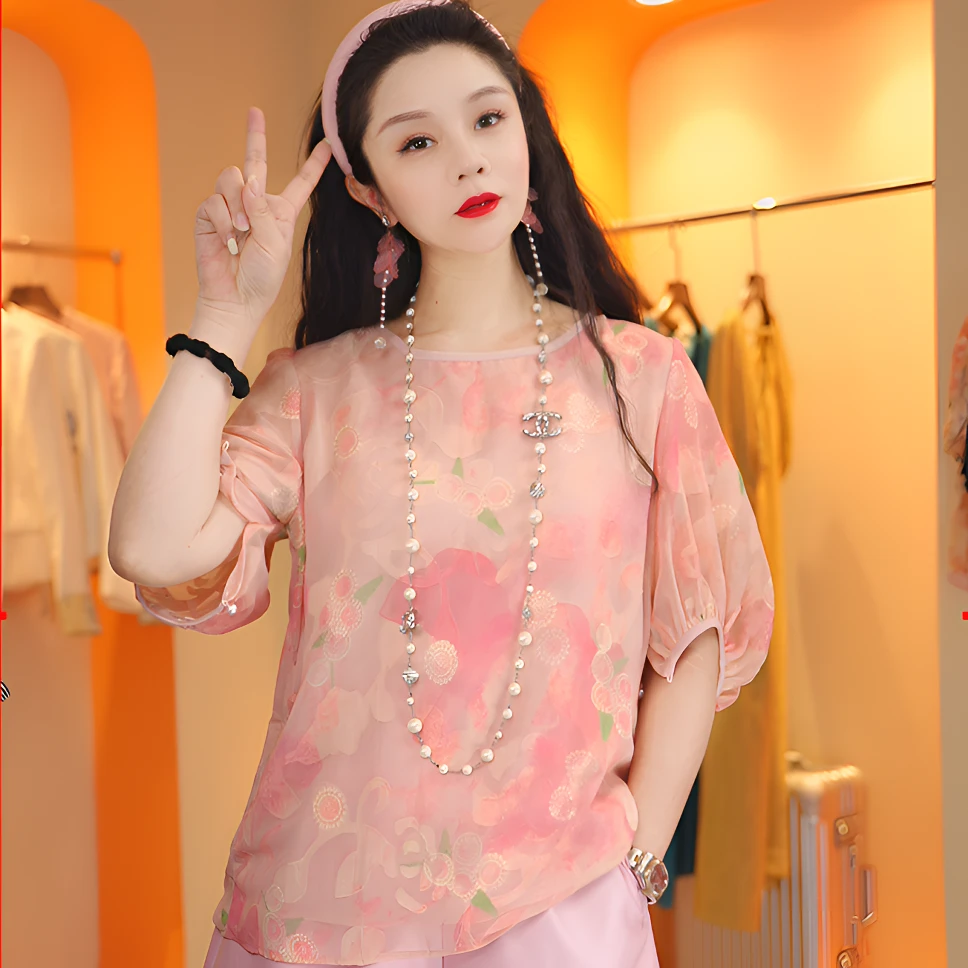醋酸双层气质上衣显瘦时尚夏季中式印花圆领设计感