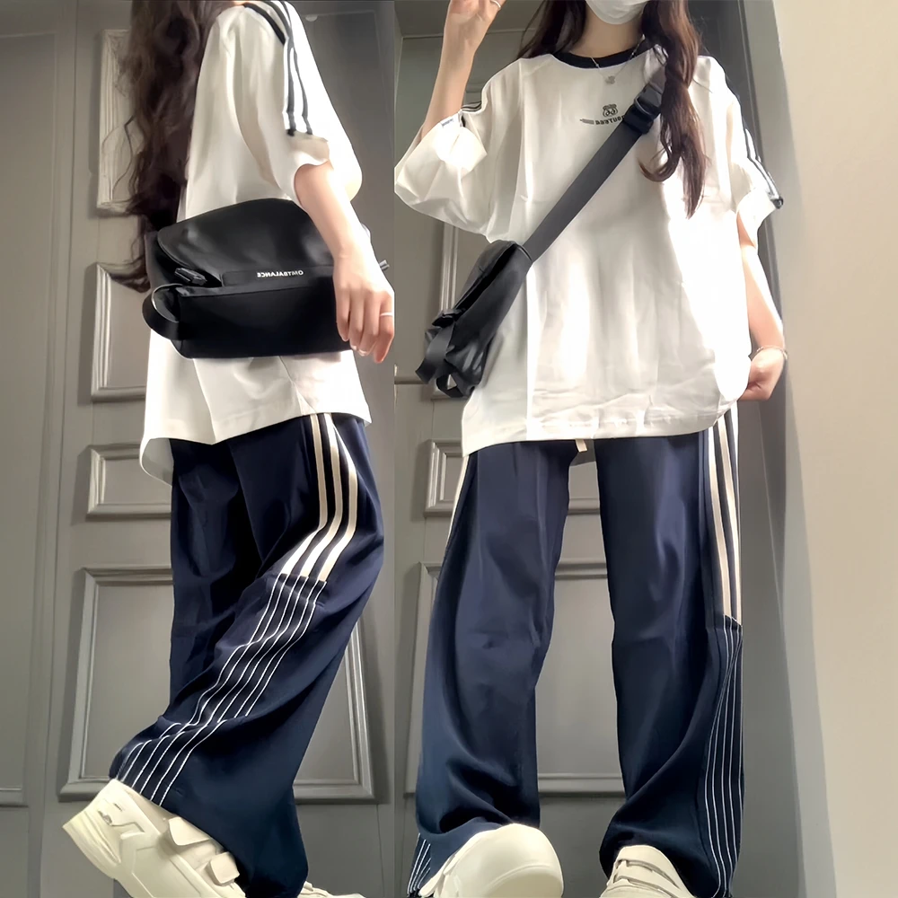 慵懒风夏季阔腿裤薄款运动服女初高中学生三条杠宽松休闲两件套装