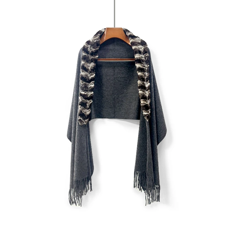 JU女士50%山羊绒50%真丝披肩青紫蓝装饰边围巾披肩 EL-6437-3