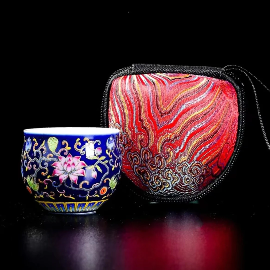 宫廷珐琅彩缠枝莲茶杯主人杯功夫茶具品茗杯家用带刺绣包杯子