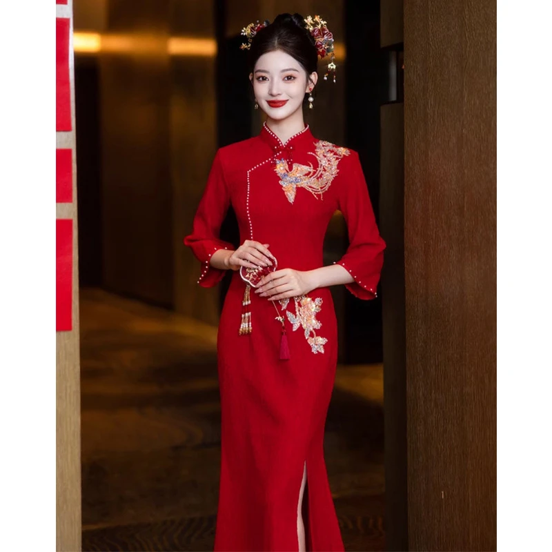 敬酒服新娘高级感红色结婚鱼尾旗袍订婚礼服新中式2024新款小个子