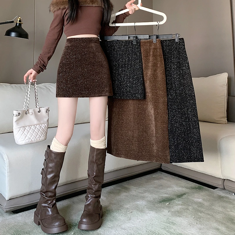 亮丝半身裙女秋冬黑色毛呢短裙新款高腰包臀裙裙子显瘦A字裙半裙