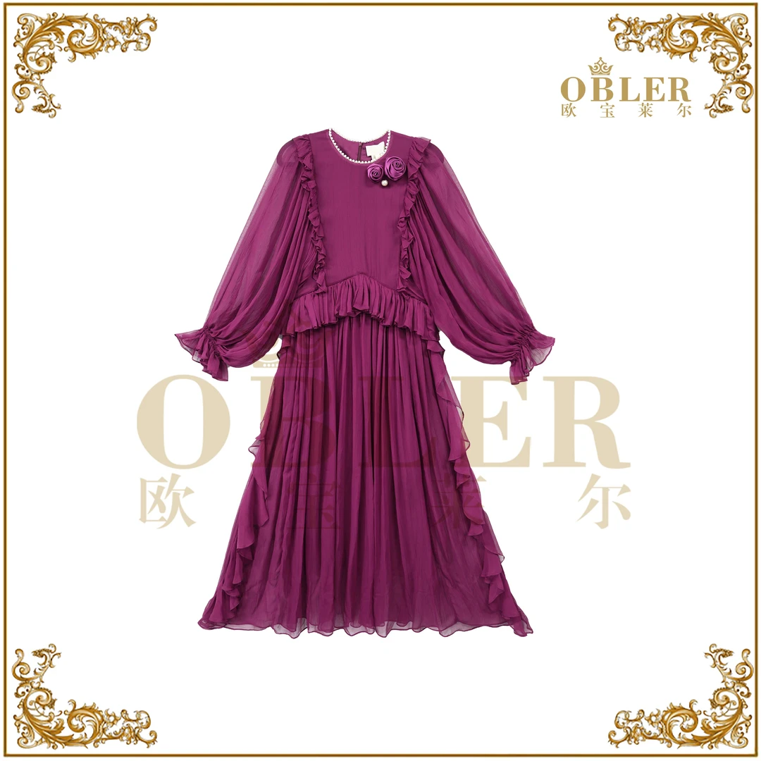 欧宝莱尔法式风钉珠贴片绣针织连衣裙冬季黑色长袖长款305-25112