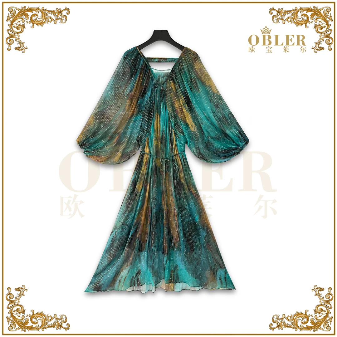 欧宝莱尔【欧宝莱尔】新款真丝时尚设计师气质轻奢连衣裙 305-24638