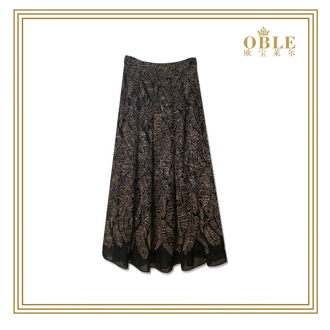 【欧宝莱尔】2025秋季新款蕾丝拼接亮片修黑色半身裙 602-6602