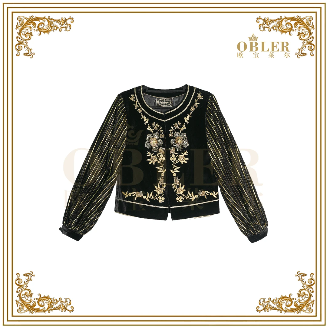 【欧宝莱尔】复古珠片绣真丝丝绒秋季黑金色长袖短款外套305-24700