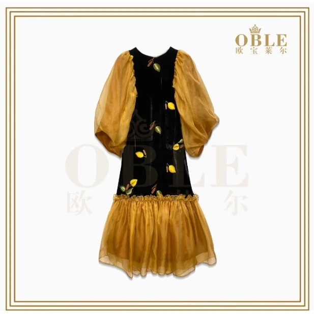 OBLE2024秋装新款真丝丝绒气质连衣裙61-6616
