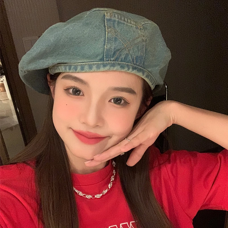 网红复古日系牛仔贝雷帽女夏季韩版百搭显脸小画家帽大头围帽子
