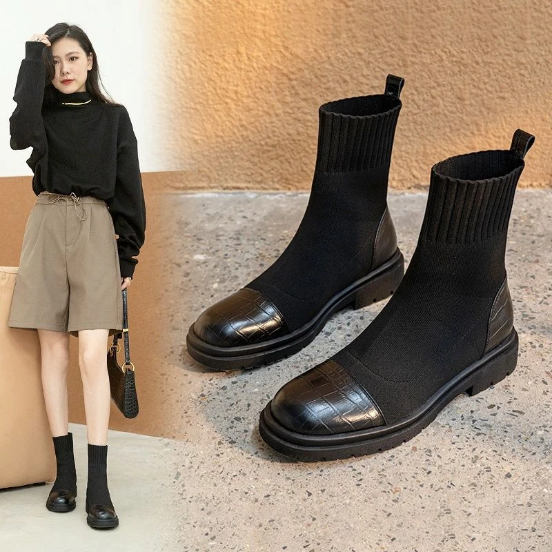 弹力瘦瘦靴短靴女皮靴针织女靴2024春秋平底靴子黑色单靴袜靴