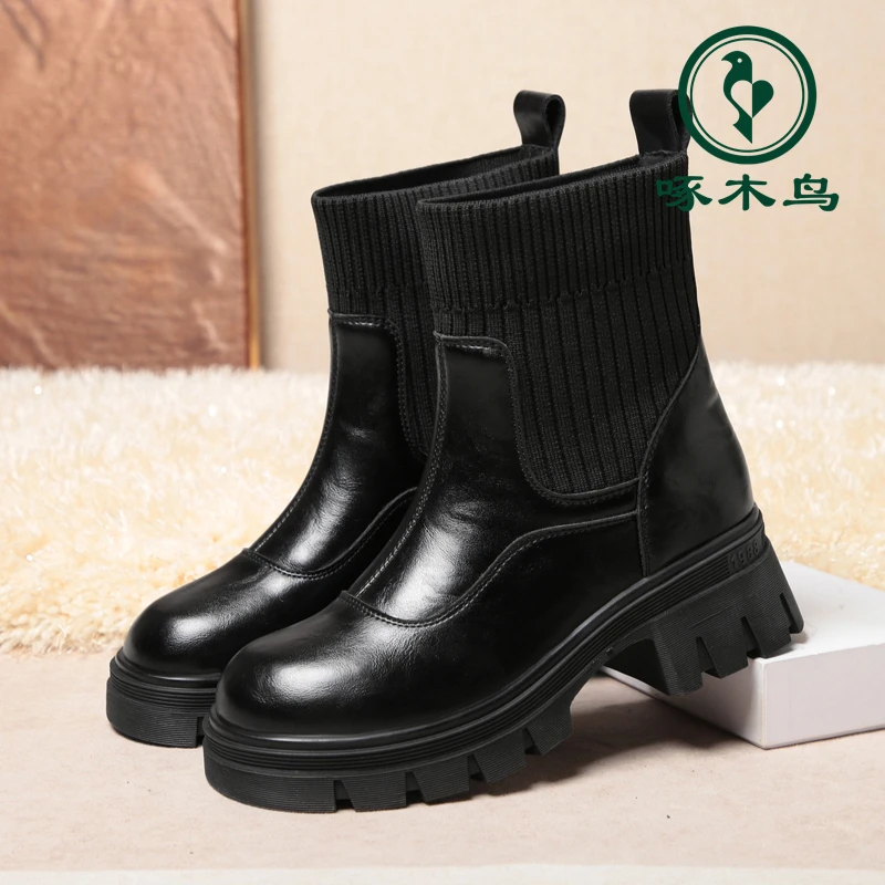 【啄木鸟】冬季新款短靴软皮软底烟筒靴加绒保暖女式棉靴舒适马丁靴
