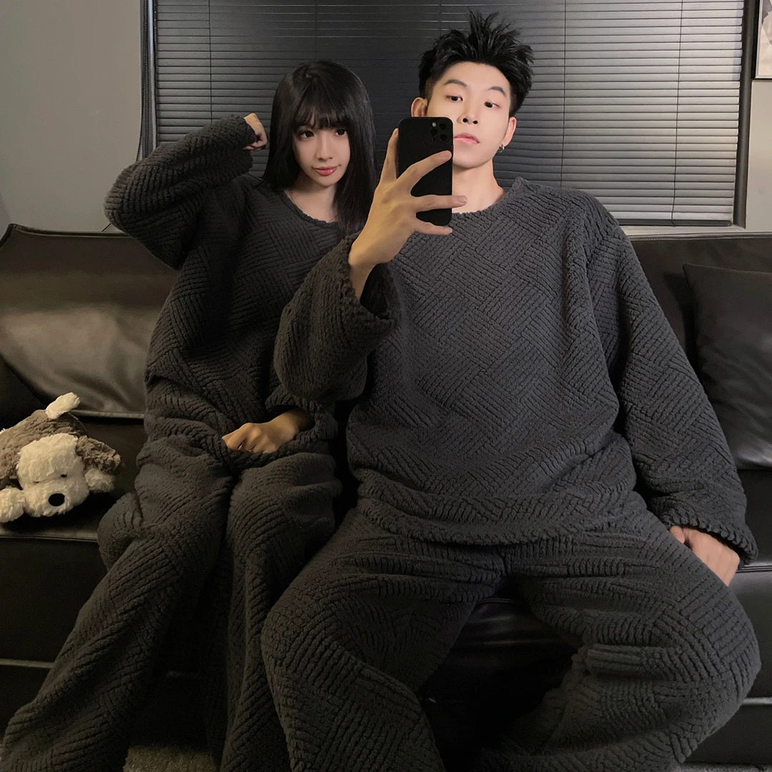 情侣睡衣女秋冬季珊瑚绒加绒加厚冬天男士简约风法兰绒家居服套装