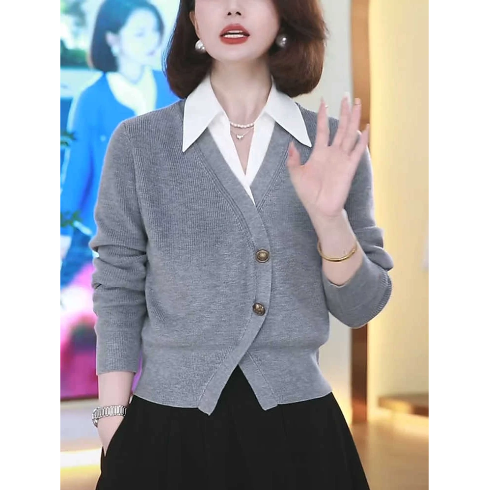 时尚POLO领假两件针织毛衣外套2024春秋新款时尚洋气减龄通勤上衣