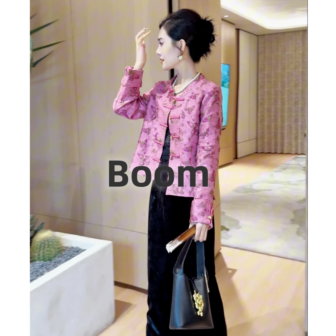 2025年春季新款新中式时尚气质圆领长袖提花外套设计感夹棉棉服