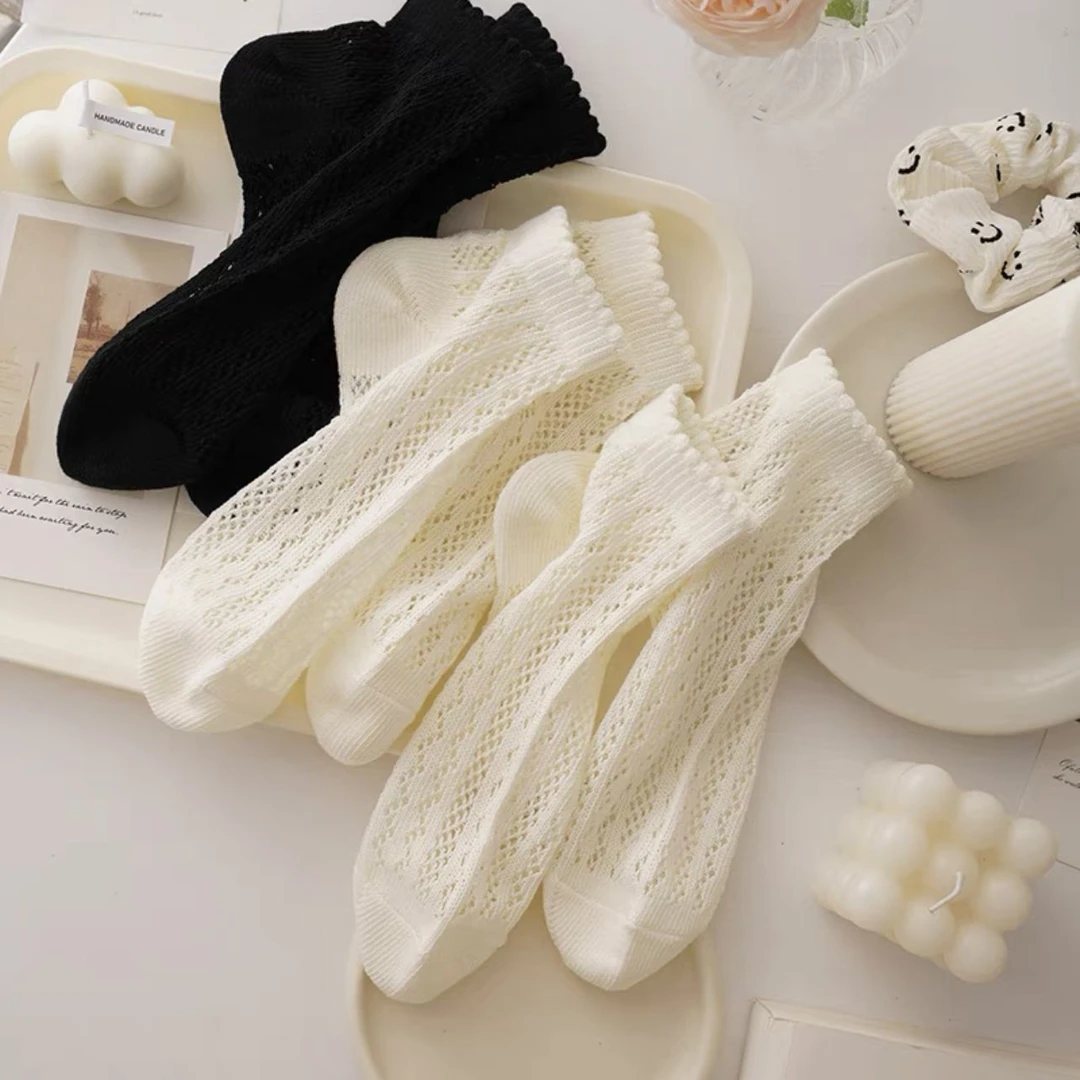 白色短筒袜子女春夏款短袜镂空薄款网眼透气吸汗百搭女生花边袜子