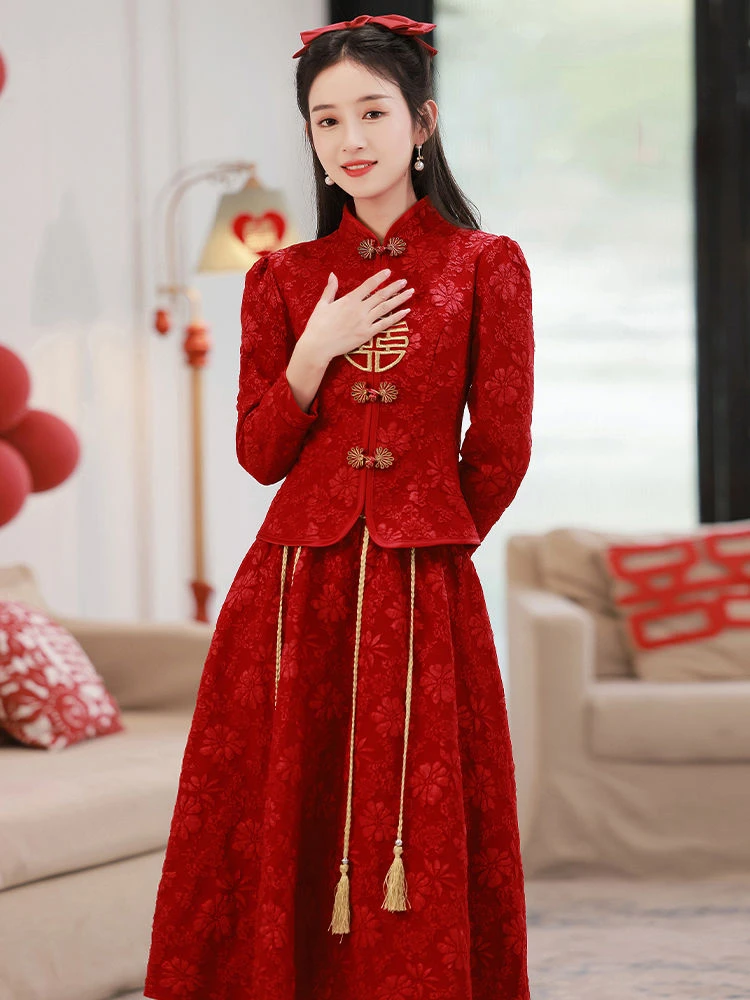 新中式敬酒服2023新款改良旗袍红色中国风高档结婚订婚连衣裙显瘦