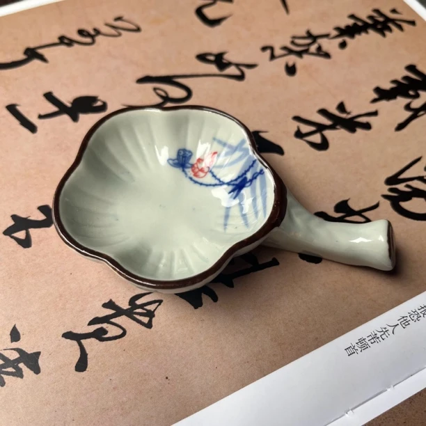 仿古风荷花笔搁墨碟陶瓷小墨碟花朵形盛墨碟笔搁文房用品